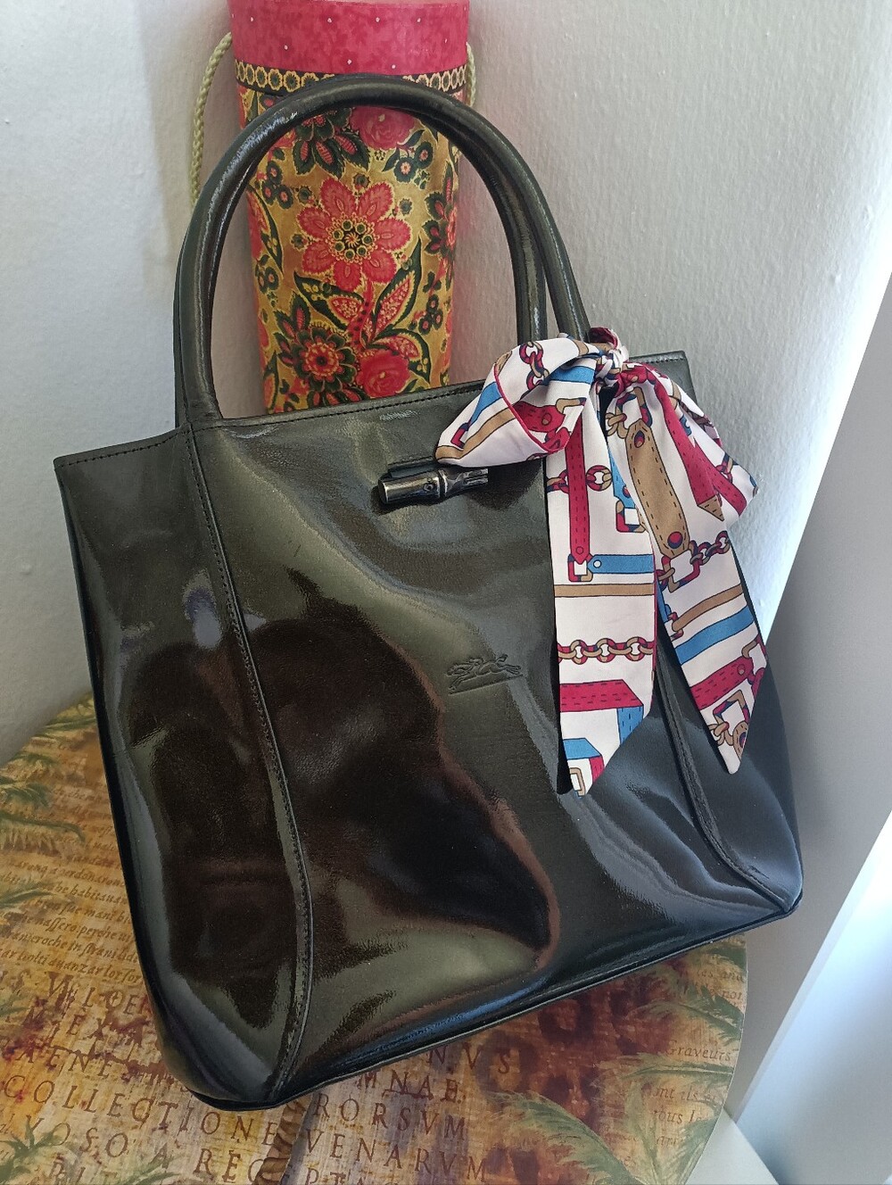 Longchamp Brown Glossy Leather Tote Bag with Decorative Scarf